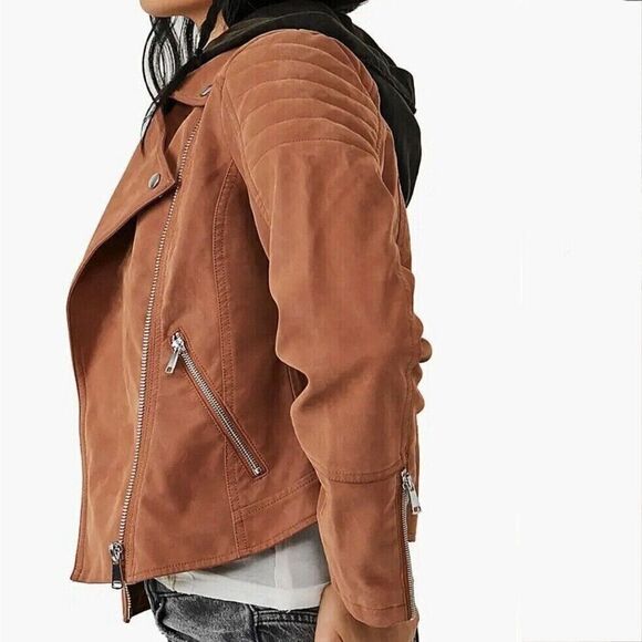 Free People We The Free Sz S Harriet Hooded Vegan Leather Moto Jacket Chocolate - Picture 7 of 10